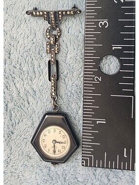 Vintage Hexagonal 1920s Art Deco C. Bucherer silver marcasite lapel watch READ